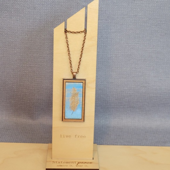 NWT Feather Copper Wood Pendant Necklace Statement Peace Handcrafted USA - Picture 4 of 12